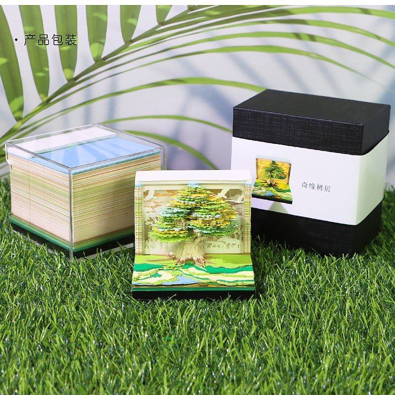 3D treehouse memo pad standing upright showing yellow and green fantasy design