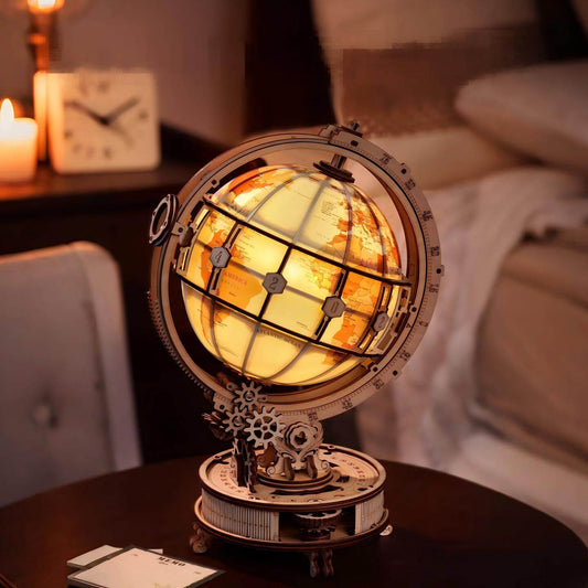 Rotating wooden globe with warm LED light beads – atmospheric desk display