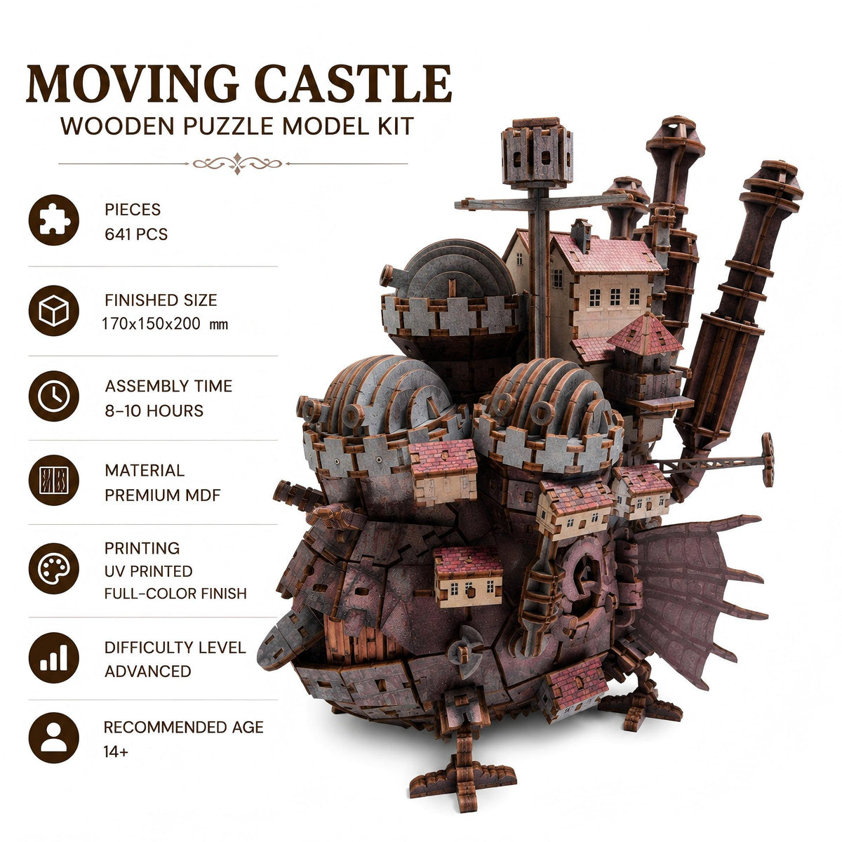 Moving Castle Wooden Puzzle Model Kit shown on a white background with product specifications listed on the left side. The kit contains 641 pieces and is made of premium MDF, requiring 8-10 hours of assembly, and is recommended for ages 14 and up.