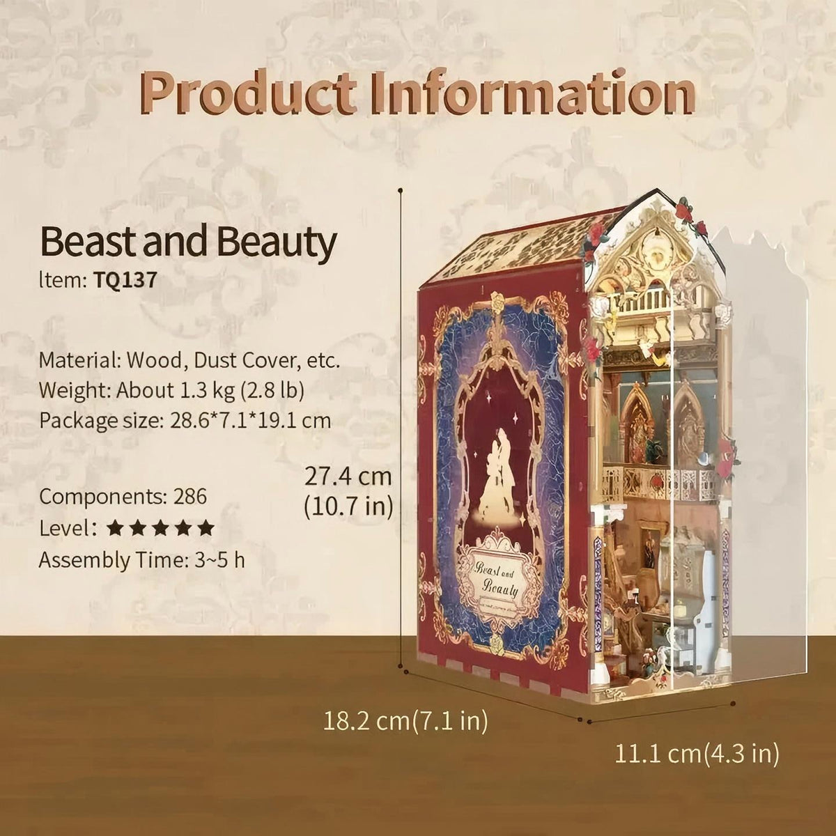 Product information graphic for a Beast and Beauty wooden miniature dollhouse, showing the assembled model on a beige patterned background with dimensions, material, weight, and assembly details.