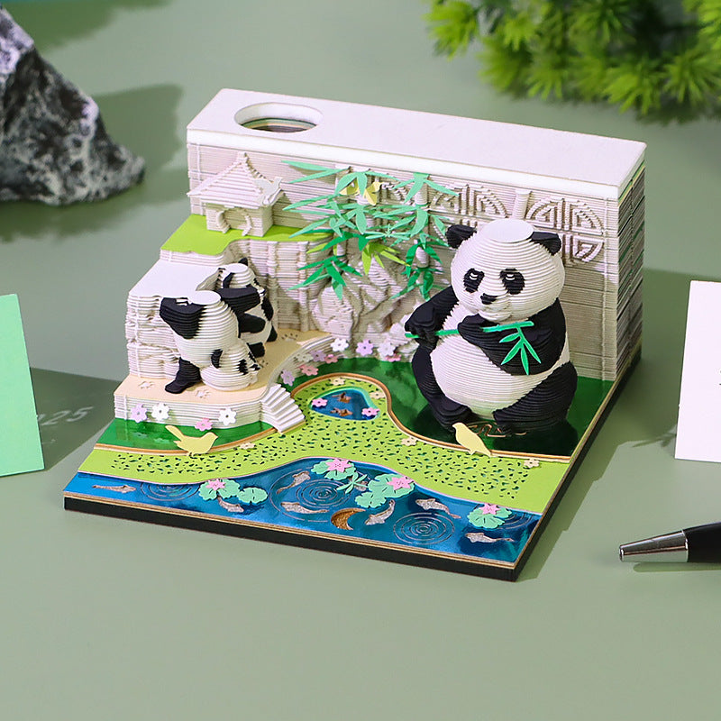 Close-up of Panda Bamboo Garden 3D memo pad pages with weekly planner layout