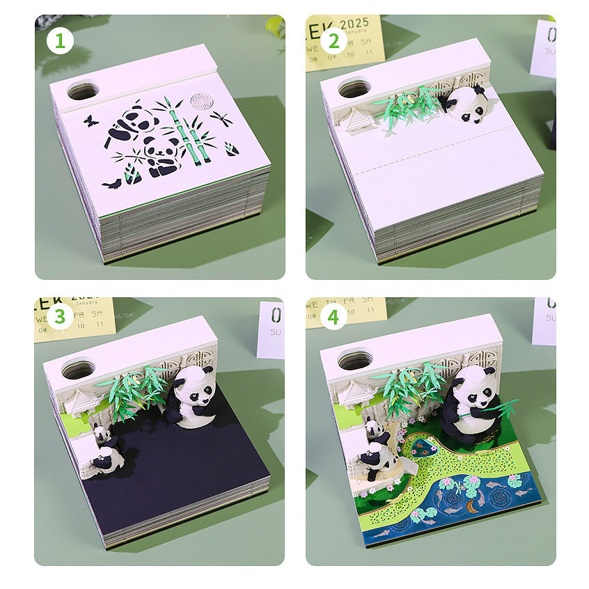 Tear-away page revealing panda bamboo garden scene on eco-friendly memo pad
