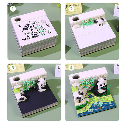 Tear-away page revealing panda bamboo garden scene on eco-friendly memo pad