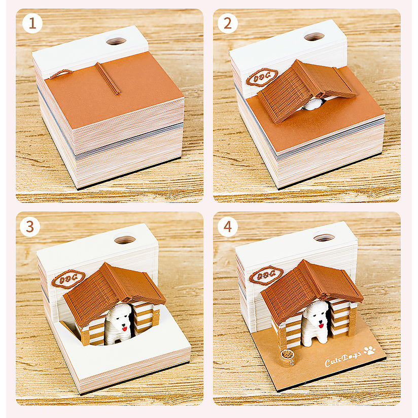Tear-away page revealing animal pet house scene on eco-friendly memo pad