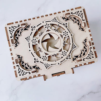 Wooden music jewelry box front view – antique vintage style
