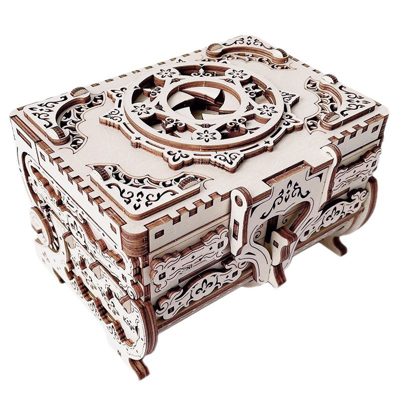Antique wooden jewelry box 3D puzzle kit – assembled front view
