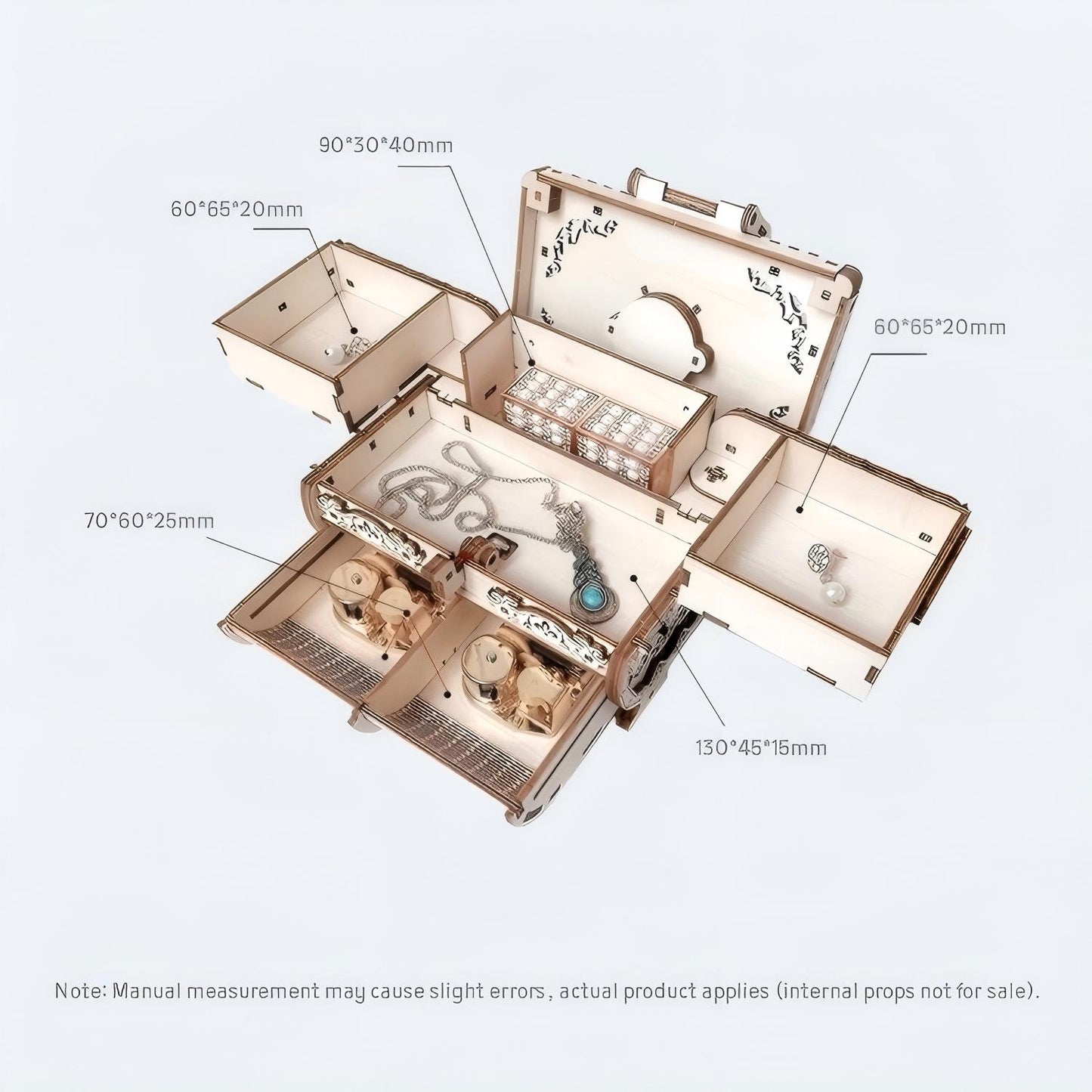 Antique wooden jewelry box size reference – 3D puzzle kit dimensions
