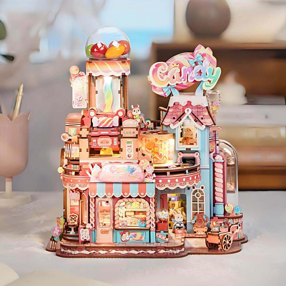 Candy Workshop Wooden Model Kit front view - ninegoods