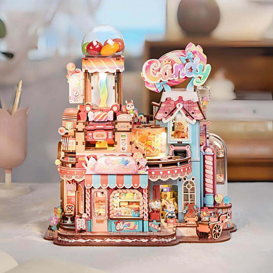 Candy Workshop Wooden Model Kit front view - ninegoods
