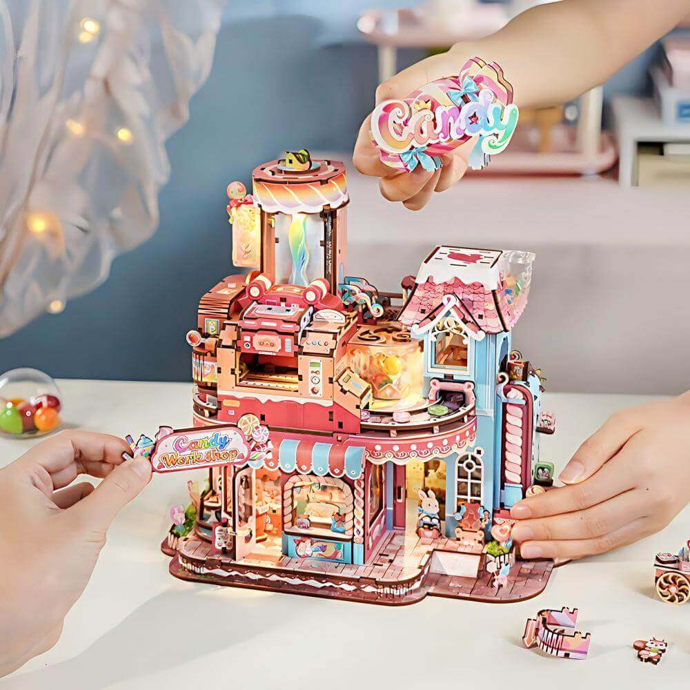 Candy Workshop Wooden Model Kit scene view - ninegoods
