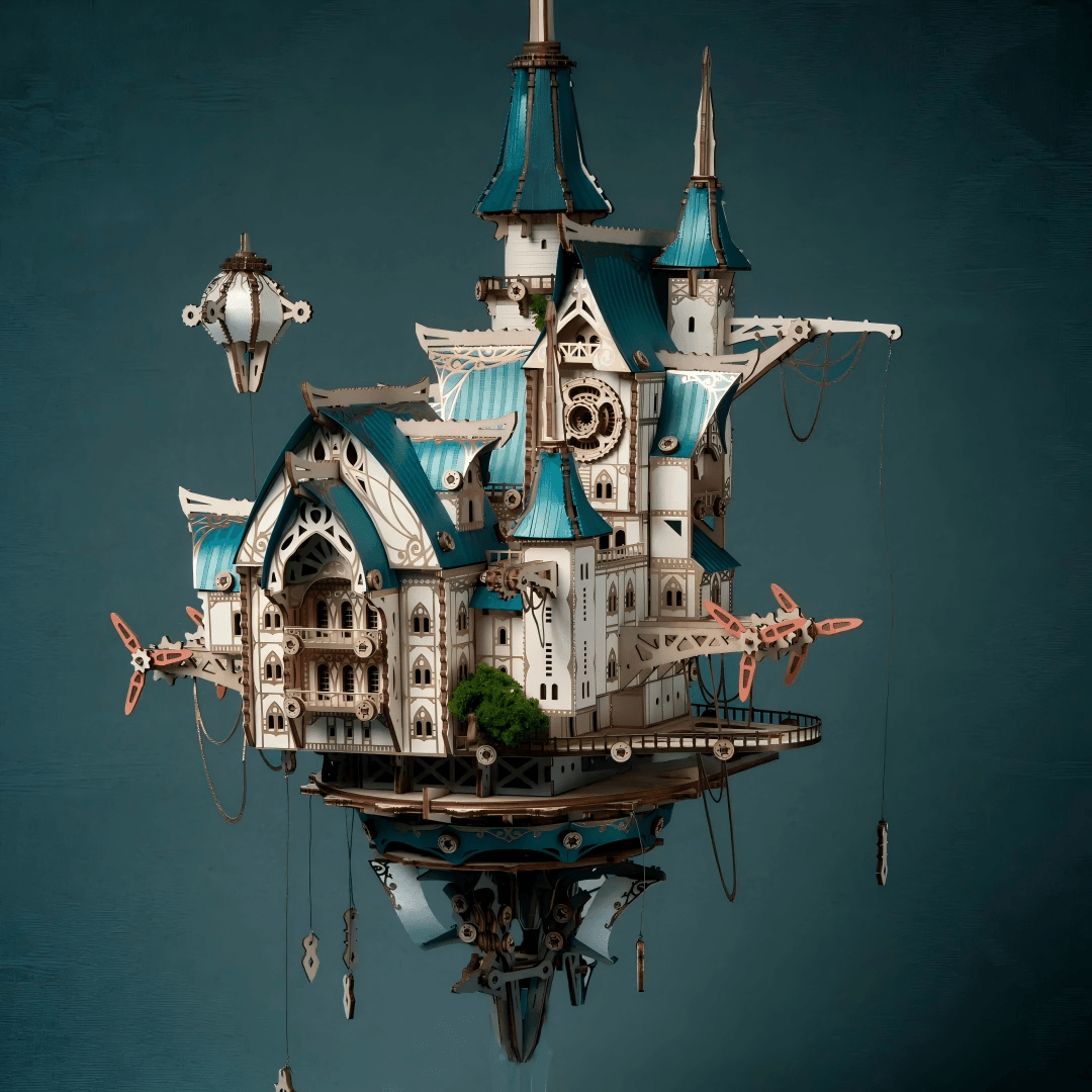 Steampunk wooden city model – front view with acrylic stand