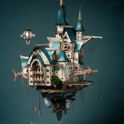 Steampunk wooden city model – front view with acrylic stand