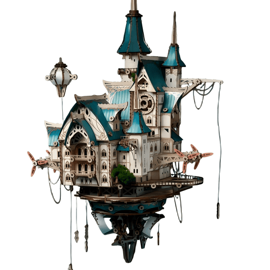 Steampunk city wooden model kit with LED – assembled main view