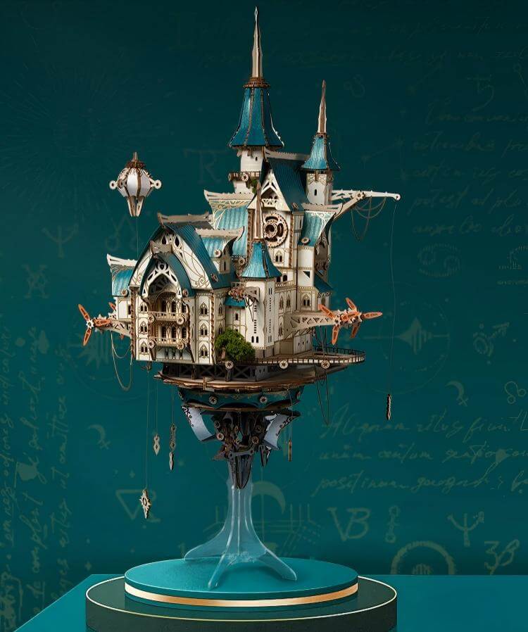 Steampunk city wooden kit glowing LED lights – desk ornament scene