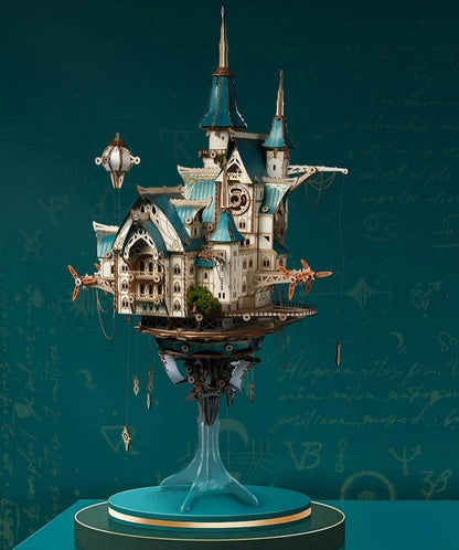 Steampunk city wooden kit glowing LED lights – desk ornament scene