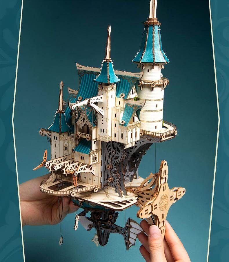 Steampunk city wooden model kit size reference – collectible display