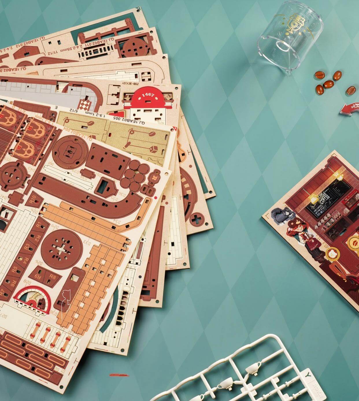 Vibrant silk-screen printing detail on wooden coffee factory model kit