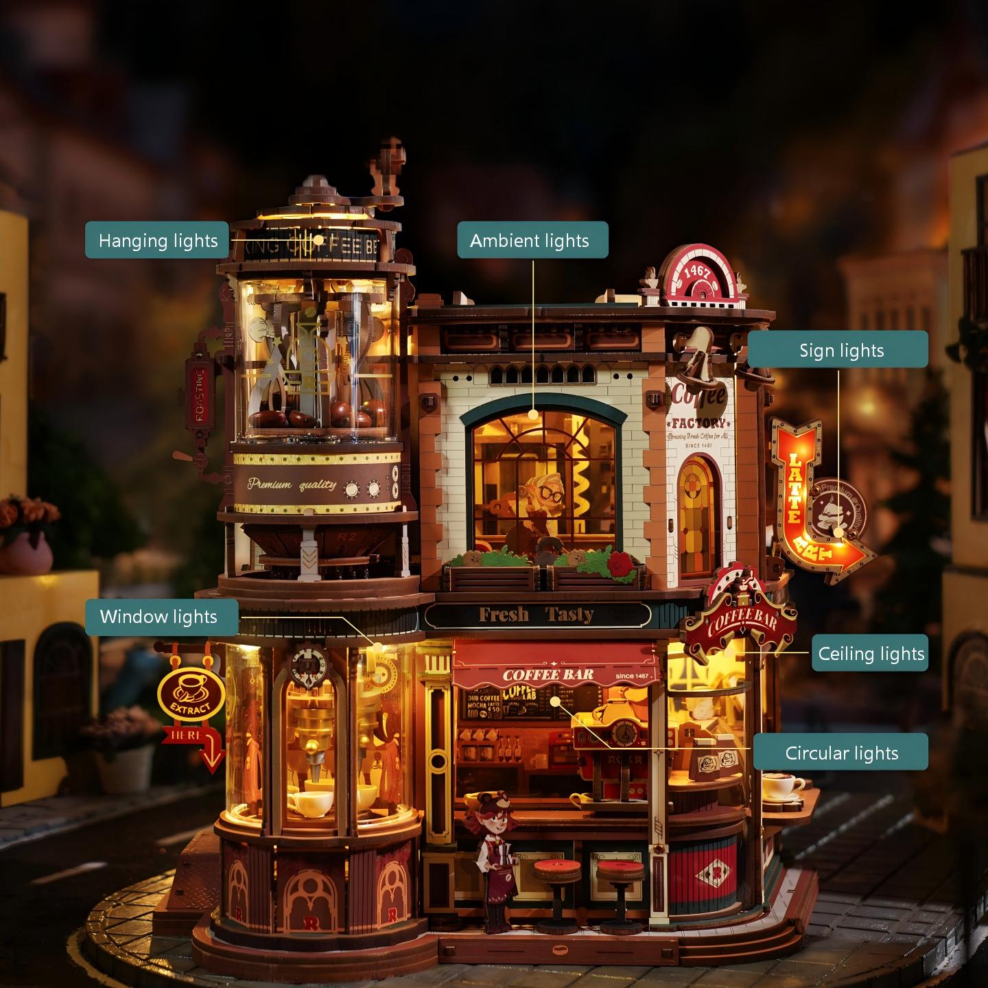 Coffee Factory miniature kit with 6 warm LED lights – ambient desk display