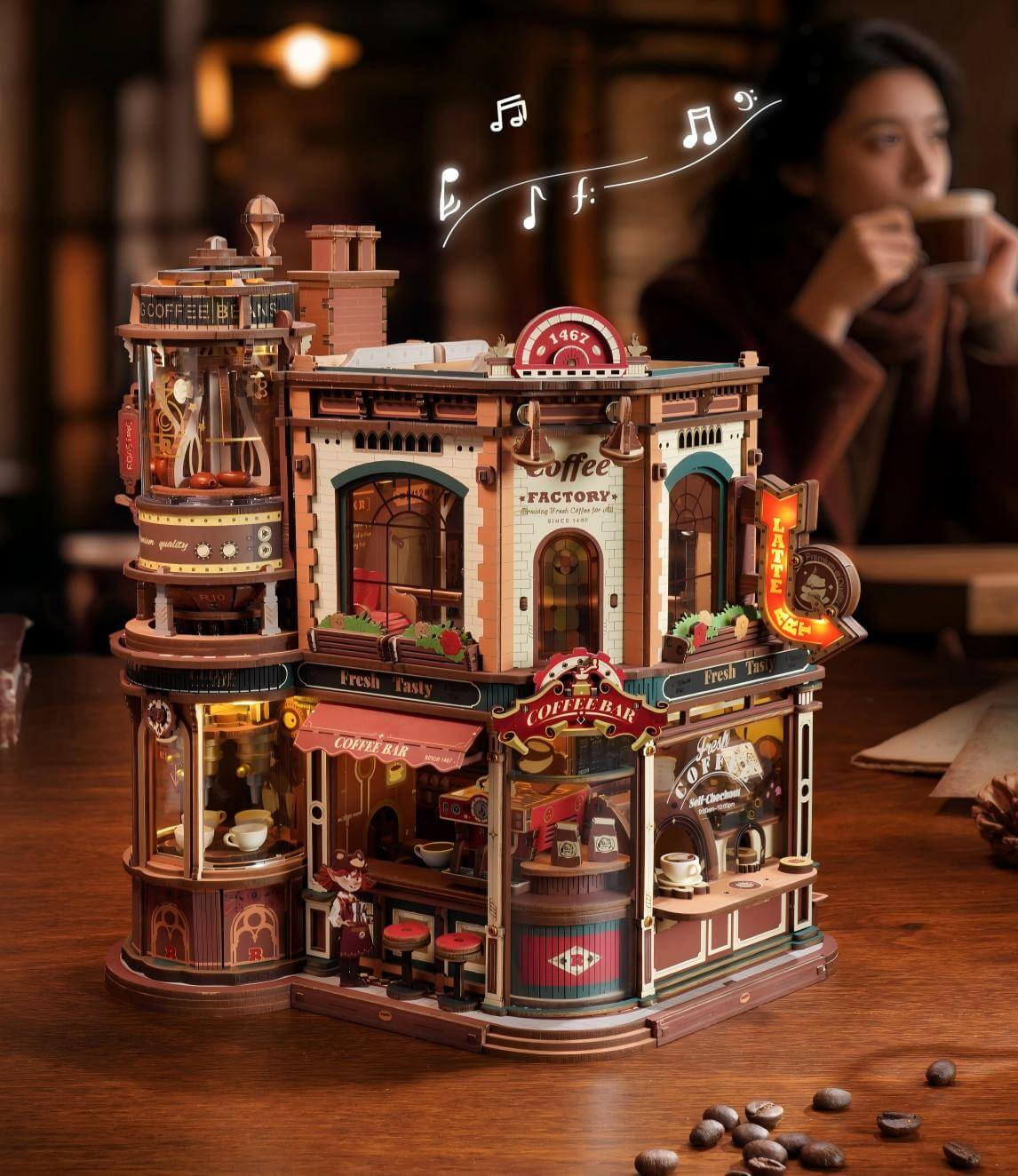 Wooden coffee factory kit as gift – collectible desk ornament for coffee lovers