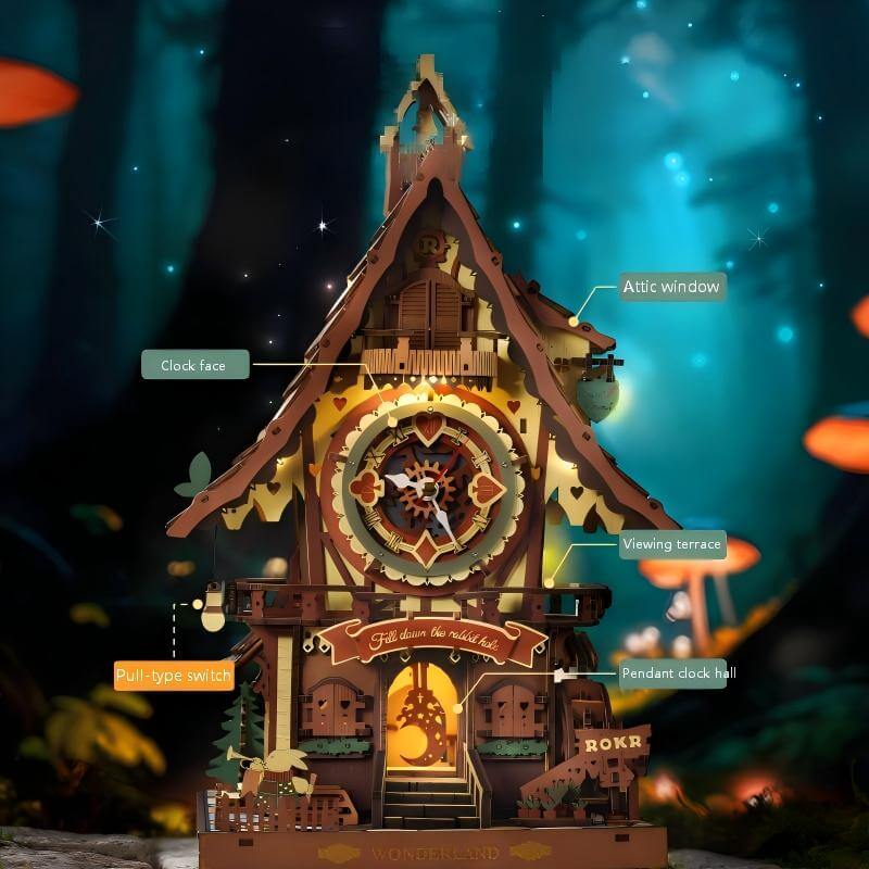 Tick-second clock movement inside wooden treehouse – precision gear assembly