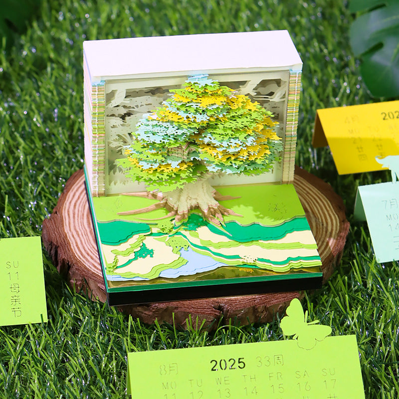 Close-up of Enchanted Treehouse 3D memo pad pages with weekly planner layout