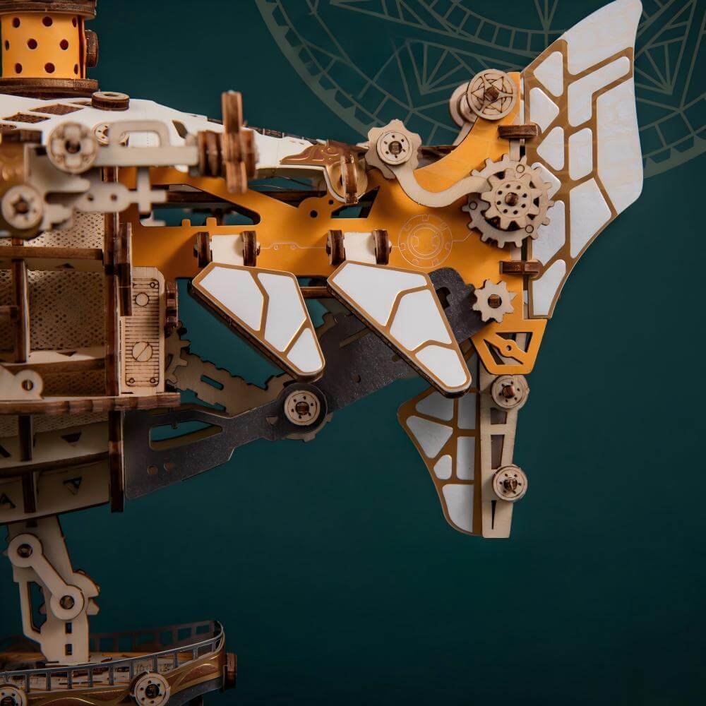 Fantasy airship wooden model kit – close-up detail of gears and propeller