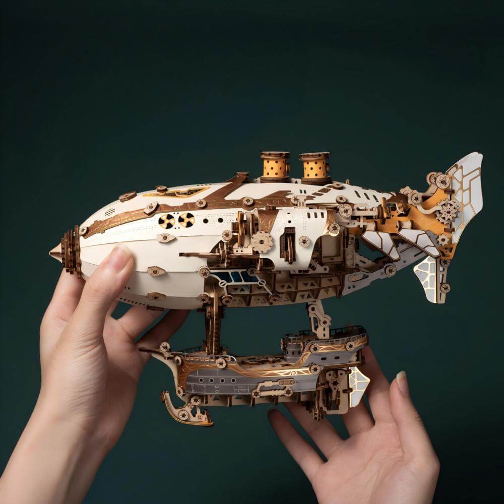 Steampunk airship wooden model kit on desk – Victorian fantasy gift scene