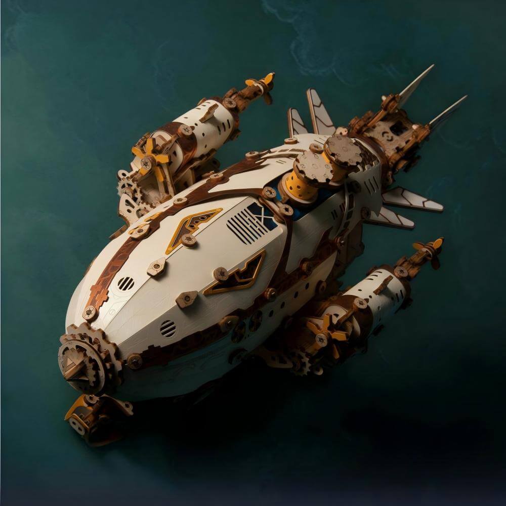 Fantasy wooden airship model – top view of steampunk rigging and hull