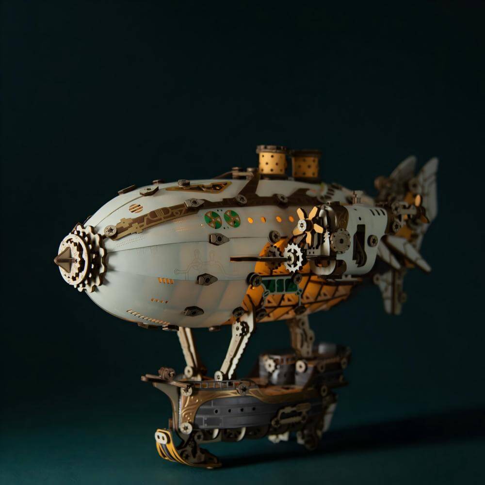 Fantasy airship wooden kit with LED lights glowing – steampunk display