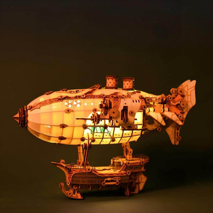Steampunk wooden airship model lit up – warm LED atmospheric glow