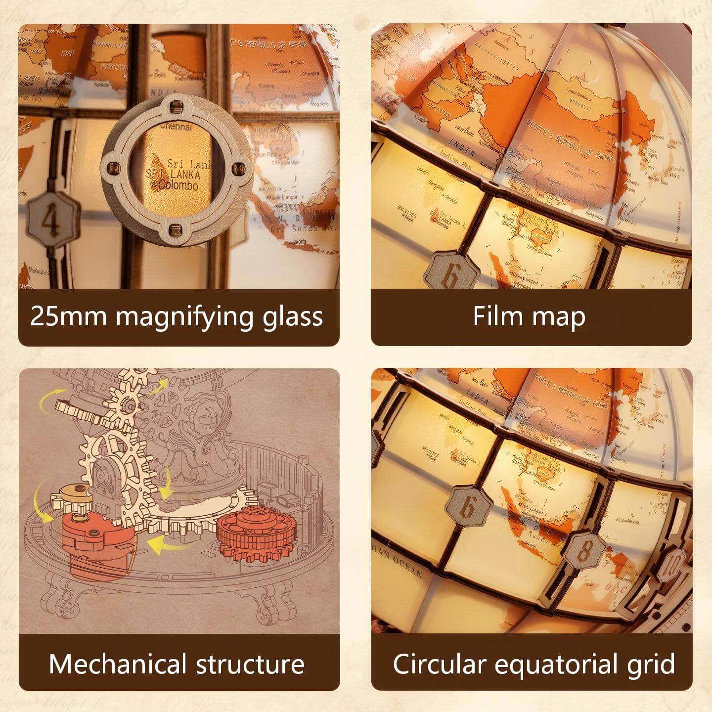 Wraparound mechanical rotation mechanism – wooden globe model kit detail