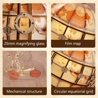 Wraparound mechanical rotation mechanism – wooden globe model kit detail