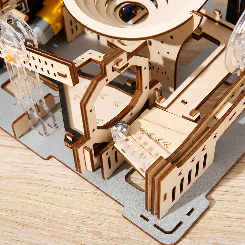 Marble Run DIY kit detail showing precision-cut wooden components – NINEGOODS