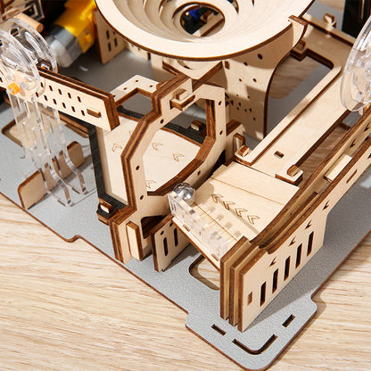 Marble Run DIY kit detail showing precision-cut wooden components – NINEGOODS