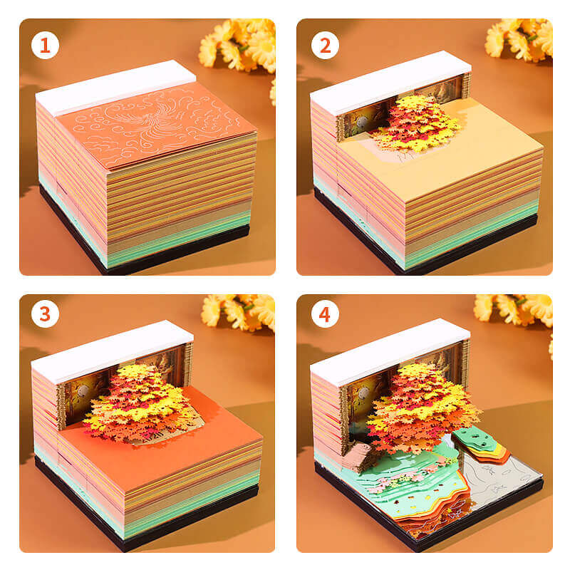 Tear-away page revealing phoenix parasol tree scene on eco-friendly memo pad
