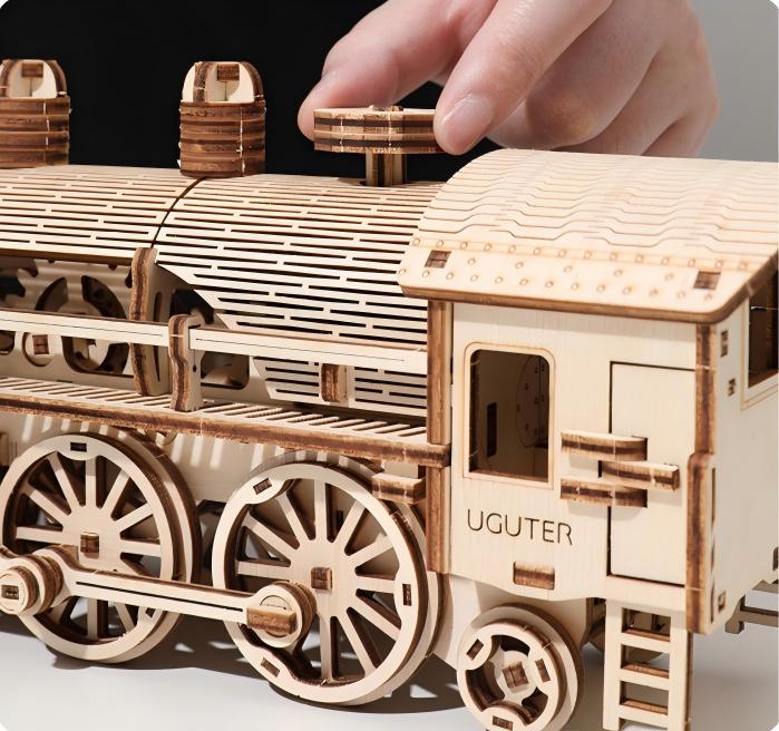 Wooden steam train model kit – front view