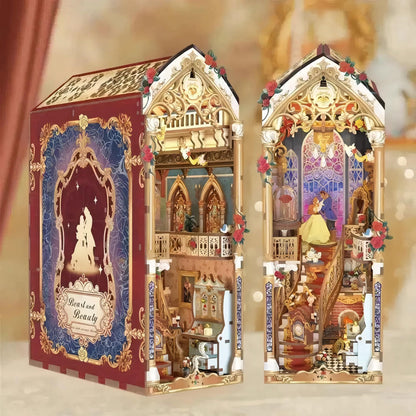 Decorative box with intricate designs and a miniature scene of a couple in a castle.