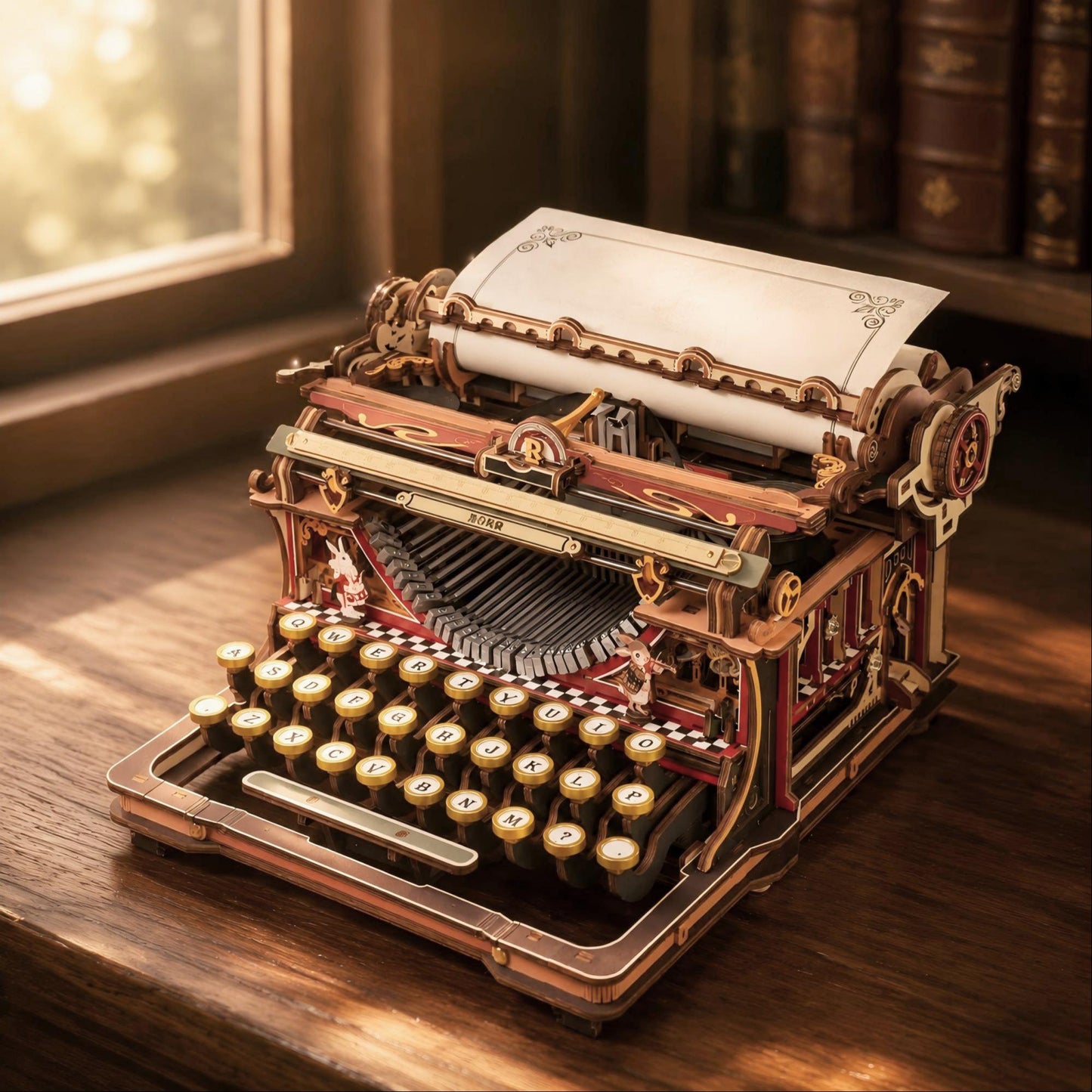 An ornate vintage-style typewriter with gold-toned keys and red-and-gold metal body details, shown on a wooden desk with a sheet of paper loaded at the top. A window and books are softly blurred in the background.