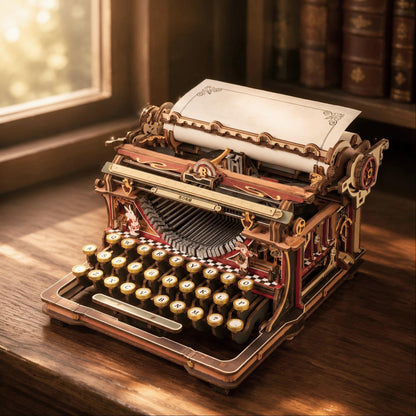 An ornate vintage-style typewriter with gold-toned keys and red-and-gold metal body details, shown on a wooden desk with a sheet of paper loaded at the top. A window and books are softly blurred in the background.
