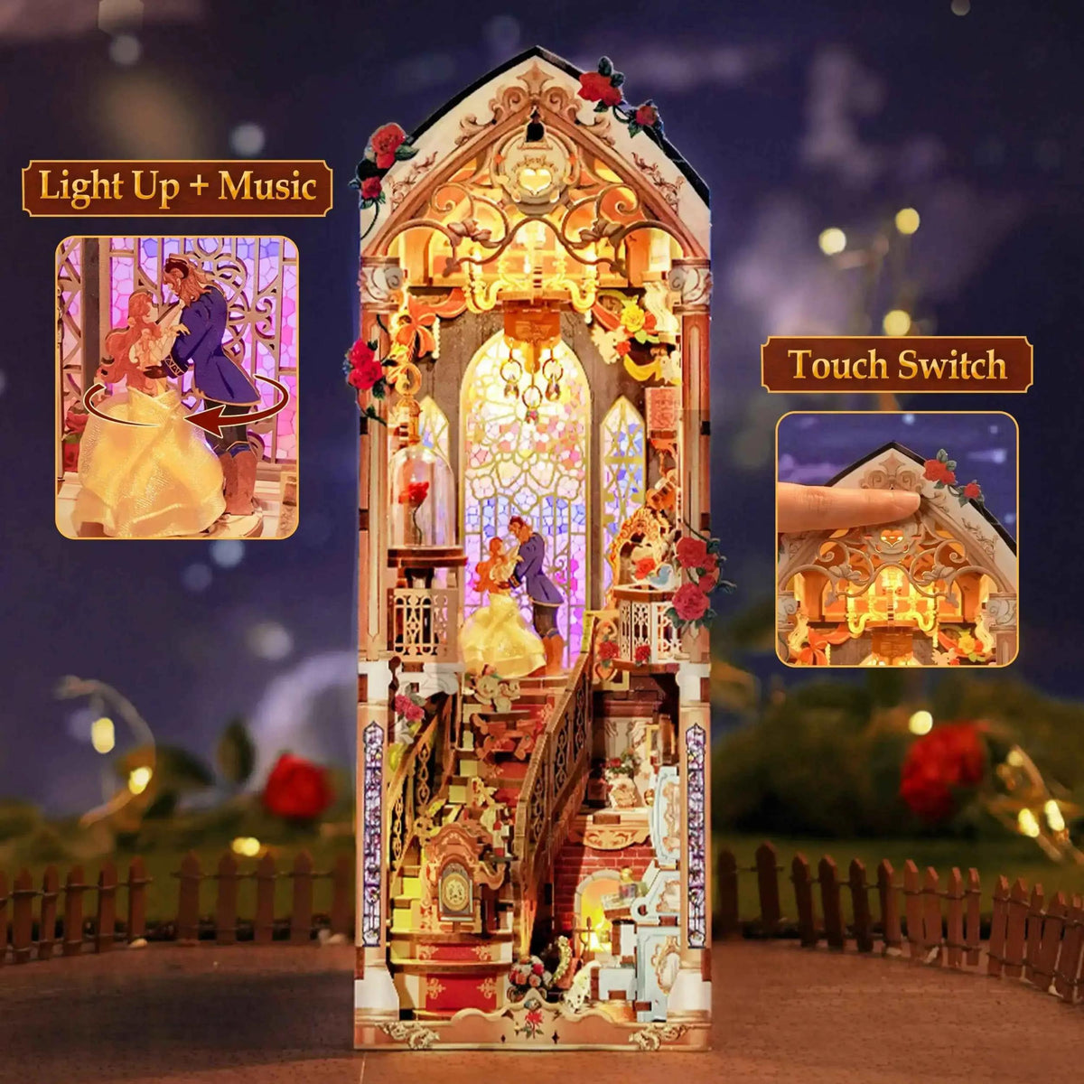 A decorative illuminated miniature dollhouse or castle model shown on a styled night scene background, with two inset callouts explaining features: 'Light Up + Music' and 'Touch Switch.' The main product is a tall ornate house-shaped craft model with warm yellow and orange lighting, floral details, a staircase, and small figurines inside.