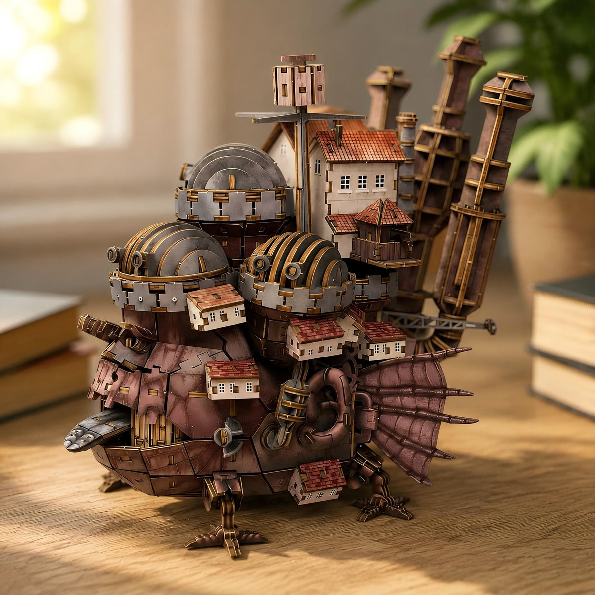 A detailed steampunk-style miniature model with domed metal structures, small houses, pipes, and tall towers, displayed on a wooden surface in a softly lit indoor setting.