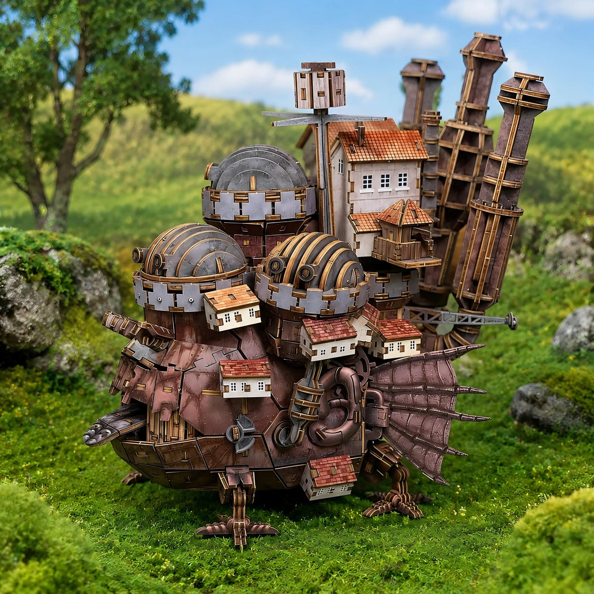 A detailed miniature model of a whimsical steampunk-style flying house with domes, chimneys, and small cottage-like buildings, displayed outdoors on a grassy landscape with rocks and trees.