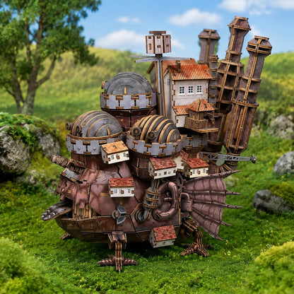 A detailed miniature model of a whimsical steampunk-style flying house with domes, chimneys, and small cottage-like buildings, displayed outdoors on a grassy landscape with rocks and trees.