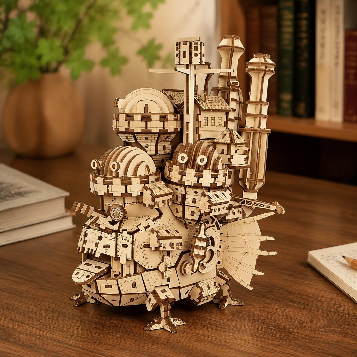 A wooden 3D laser-cut model sculpture resembling a whimsical mechanical creature or steampunk structure, displayed on a wooden tabletop with books and a plant in the softly blurred background.