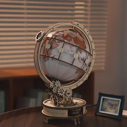 Wooden Globe Mechanical Kit – slow rotation demo with 3D lens and LED glow