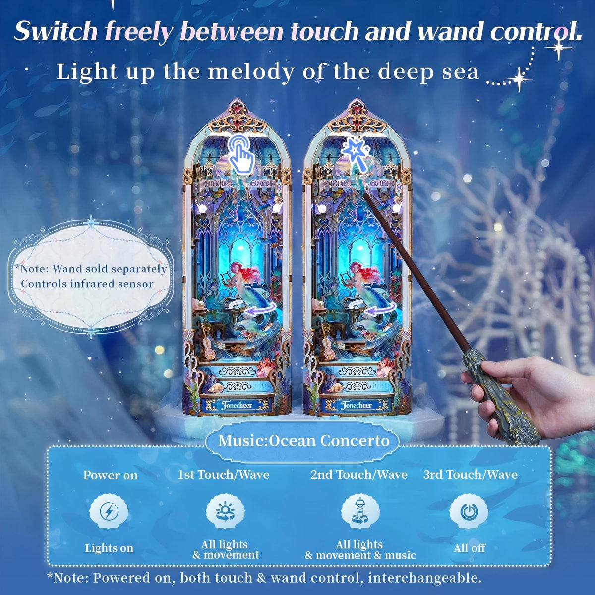 Two decorative figures with touch control feature on a blue background, featuring text about switchable control methods.